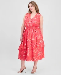 Anne Klein Plus Smocked-Waist Tiered Midi Dress