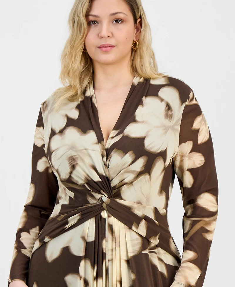 Anne Klein Plus Printed Twist-Front Long-Sleeve Mesh Maxi Dress