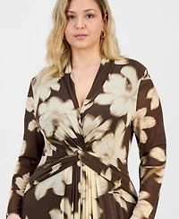 Anne Klein Plus Printed Twist-Front Long-Sleeve Mesh Maxi Dress