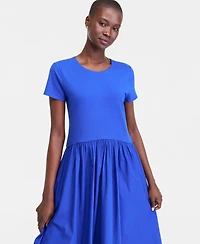On 34th Women's Short-Sleeve Curved-Waist Mixed-Media Midi Dress, Macy's Exclusive