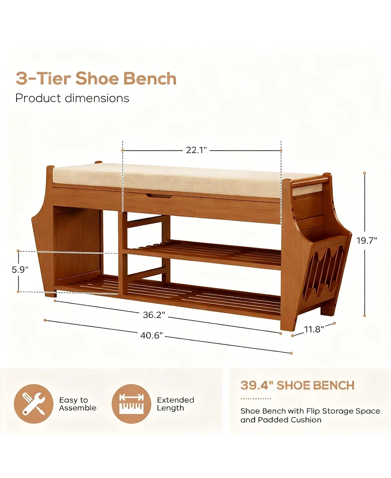 Yigii Shoe Bench 3 Tier Entryway Storage Rack with Side Holders Removable Cushion