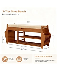Yigii Shoe Bench 3 Tier Entryway Storage Rack with Side Holders Removable Cushion