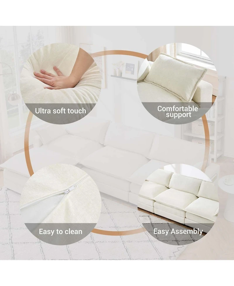 gaomon Chenille 113-Inch Modular Combo Sofa, Modern 3-Seater L-Shaped Sofa with Ottoman, 2 Cushions, Side Pockets