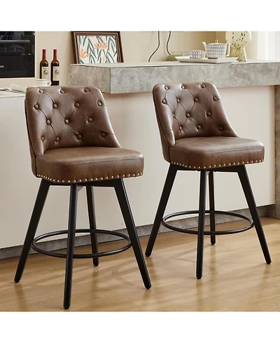 gaomon Counter Height Swivel Bar Stools Set of 2, Leather Upholstered with Wood Legs