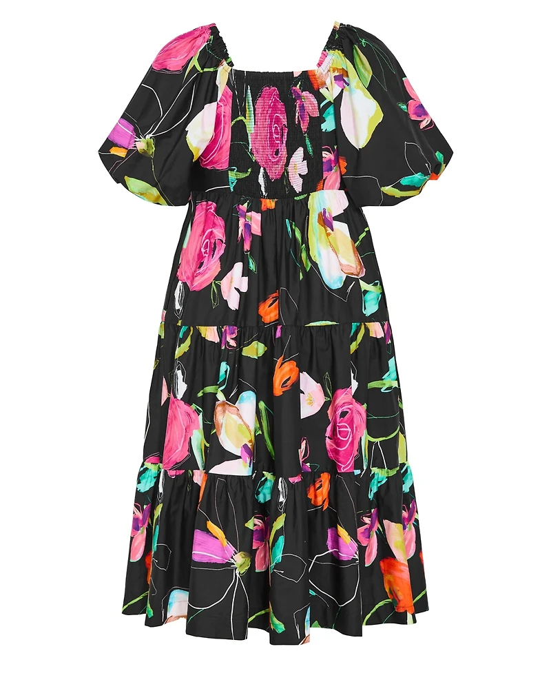 City Chic Women's Plus Fantasy Print Puff Sleeve Midi Dress