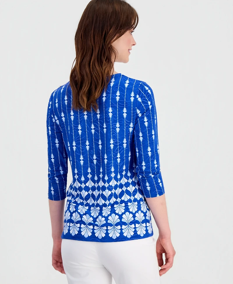 Jm Collection Women's Printed 3/4 Sleeve Scoop-Neck Jacquard Top, Macy's Exclusive