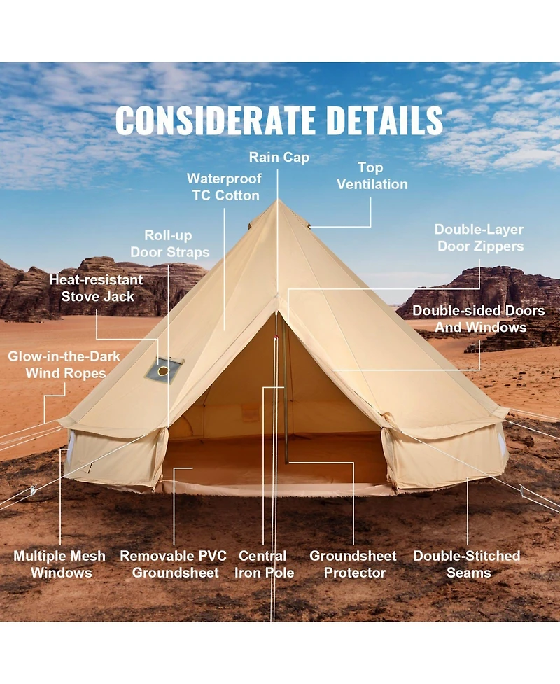 Mecale 13 Ft Canvas Bell Tent with Stove Jack for 4-Season Camping, Fits 6 People