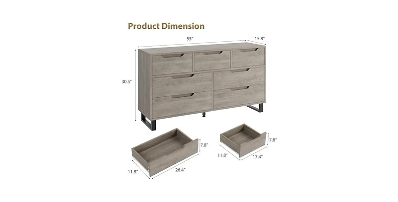 gaomon 7 Dresser for Bedroom, 55" Wide Dresser, Freestanding Horizontal Drawer with Storage