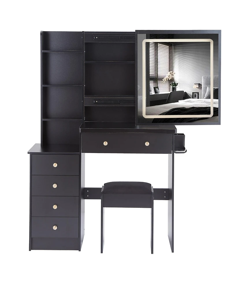 Rainsken 37" Makeup Vanity Set with Touch Control Led Sliding Mirror, Cushioned Stool, Makeup Desk with Usb Charge and Hair Dryer Stand for Bedro