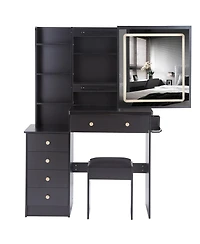 Rainsken 37" Makeup Vanity Set with Touch Control Led Sliding Mirror, Cushioned Stool, Makeup Desk with Usb Charge and Hair Dryer Stand for Bedro