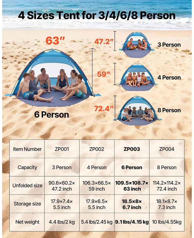 Mecale 6-Person Beach Tent Sun Shelter with Upf 50+ Protection and Sand Pockets