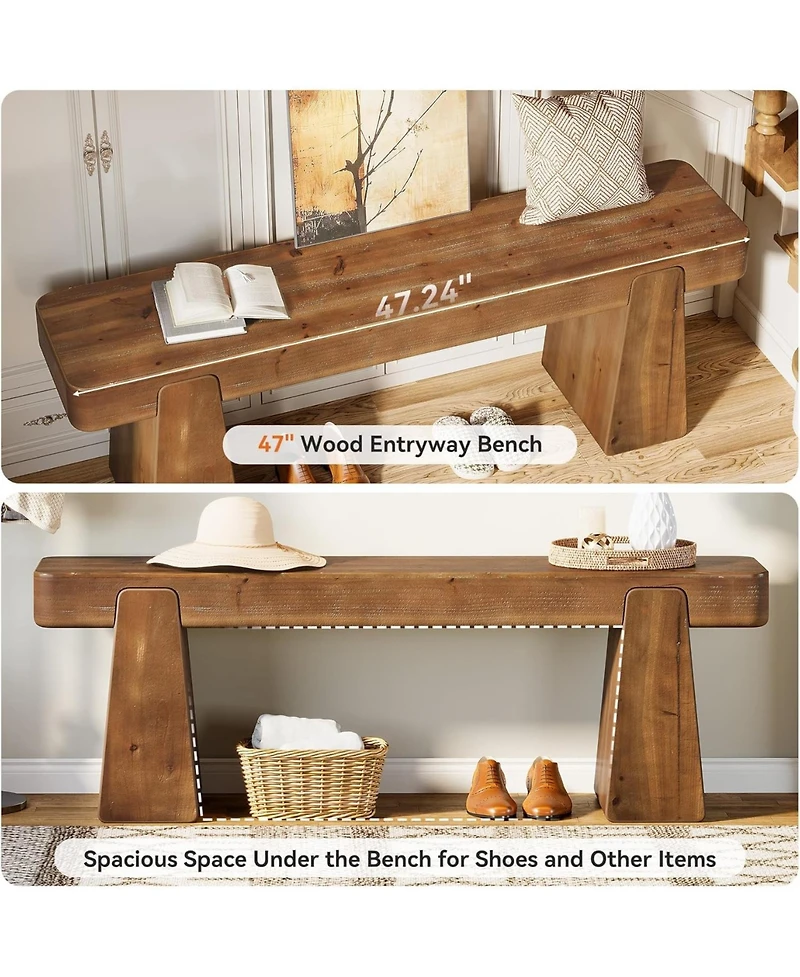 Tribesigns Solid Wood Bench, 47-Inch Farmhouse Entryway Bench with Thickened Legs, Narrow Indoor Wooden Bench