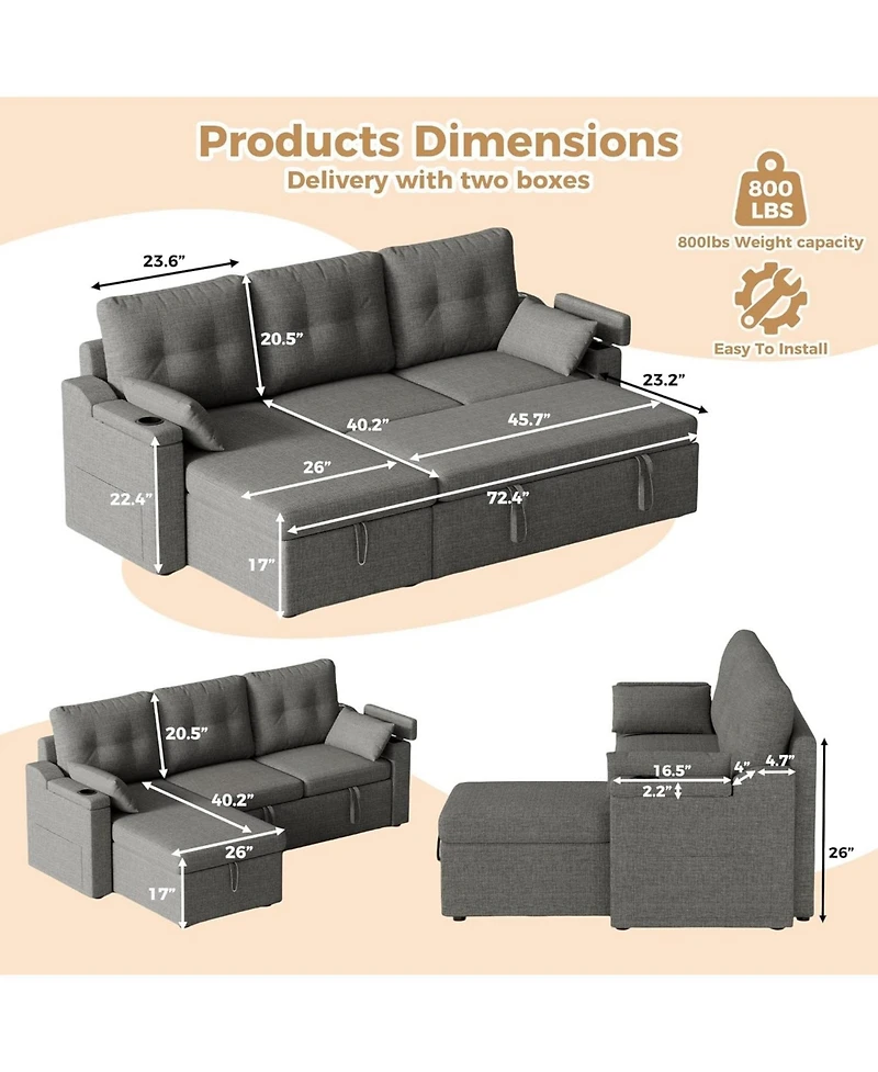 gaomon 85" Reversible L-Shaped Sleeper Sofa Bed with Pull-Out Bed, Storage Chaise, Usb-c Ports, Removable Covers and Cup Holder