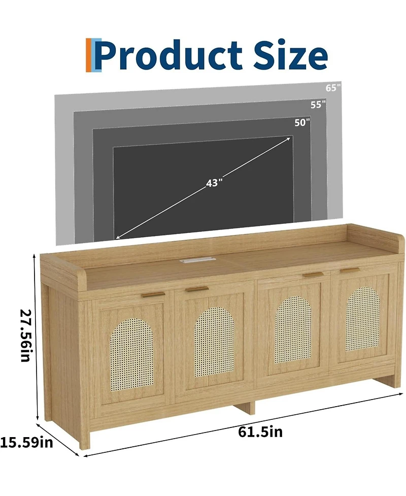 gaomon rattan Tv stand for 65'' TVs, mid century modern console with glass doors, storage cabinet, and 61.5'' table for living rooms.