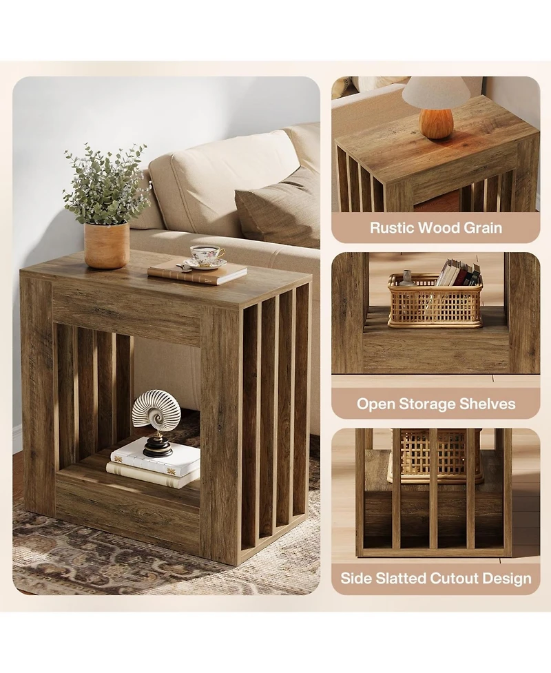 Tribesigns End Table, Farmhouse Narrow Side Table with Storage Shelf, Rustic Square Nightstand Bedside
