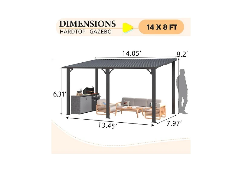 Aecojoy 14' x 8' Metal Hardtop Lean-To Feature Gazebo/Pergola