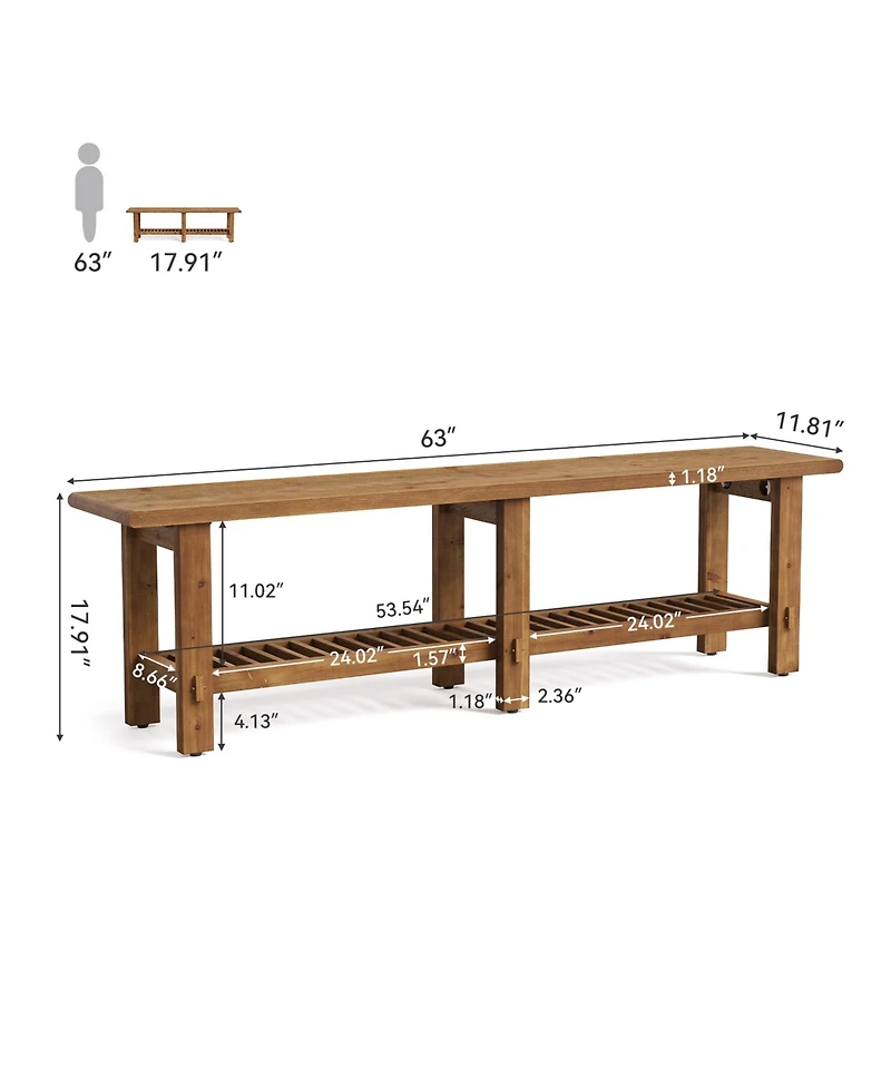 Tribesigns Solid Wood Entryway Bench, 63" End of Bed Bench with Shoe Storage Rack, Farmhouse Narrow Seating