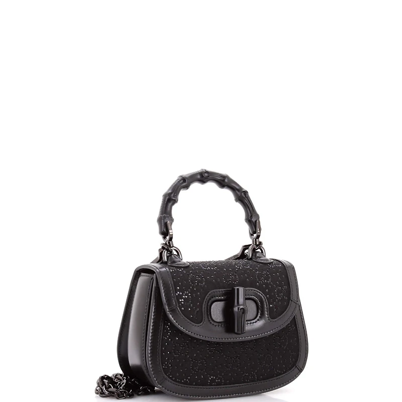 Pre-Owned Gucci Mini Bamboo 1947 Top Handle Bag Crystal Embellished Gg Canvas