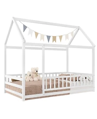 flynama Wooden Floor Bed With House Roof Frame And Fence Guardrails White For Kids
