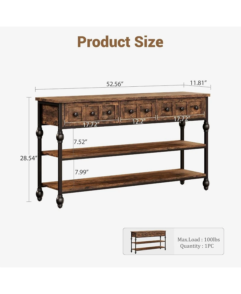 gaomon 52" Industrial Console Table with 3 Drawers, 3-Tier Metal Entryway/Sofa Table.