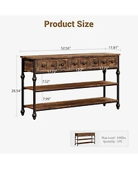 gaomon 52" Industrial Console Table with 3 Drawers, 3-Tier Metal Entryway/Sofa Table.