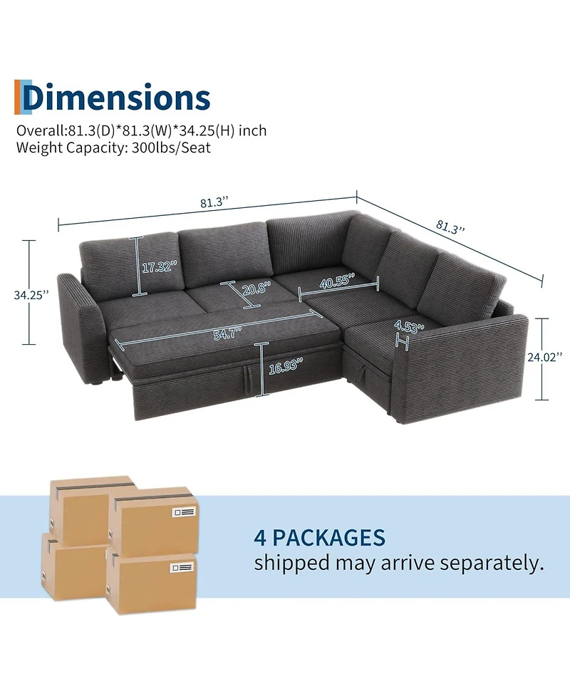 gaomon Sectional Sleeper Sofa, Corduroy Couch with Pull-Out Bed and Storage