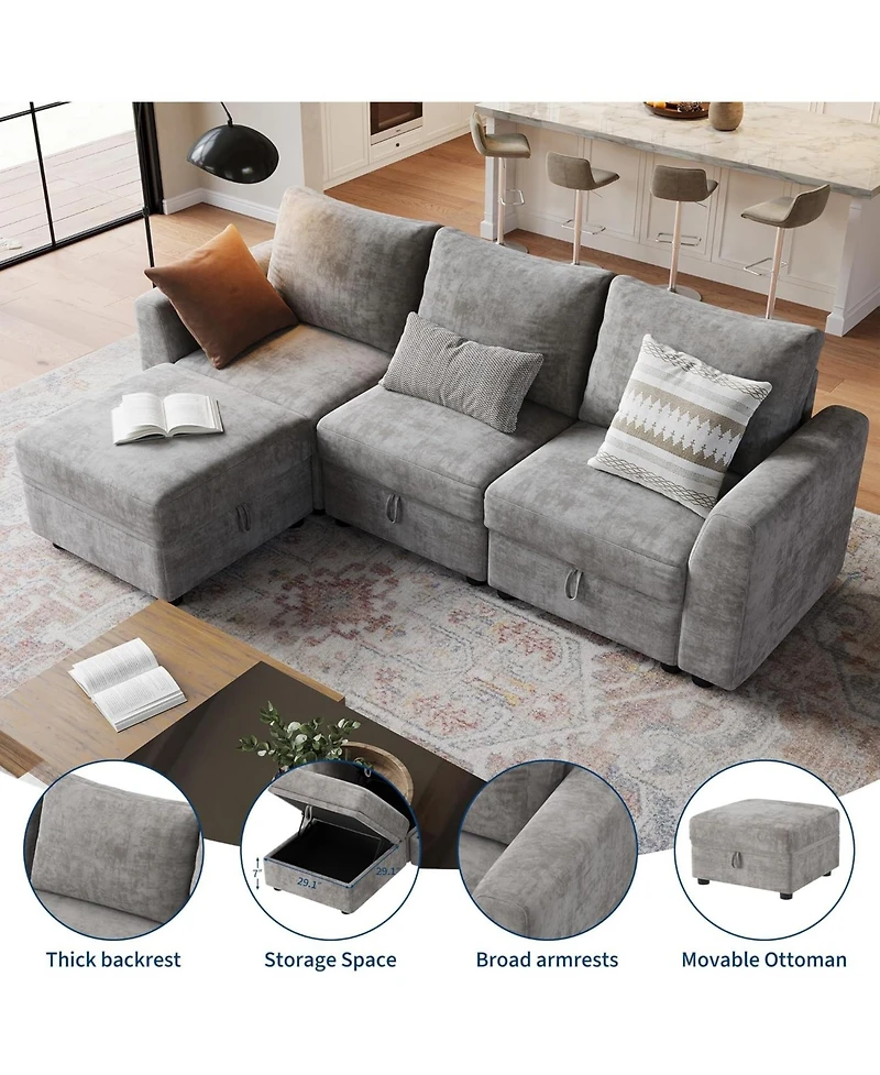 gaomon 108" Sectional Sofa, L-Shaped Cloud Couch with Storage and Ottoman, 4-Seat Chenille Sofa