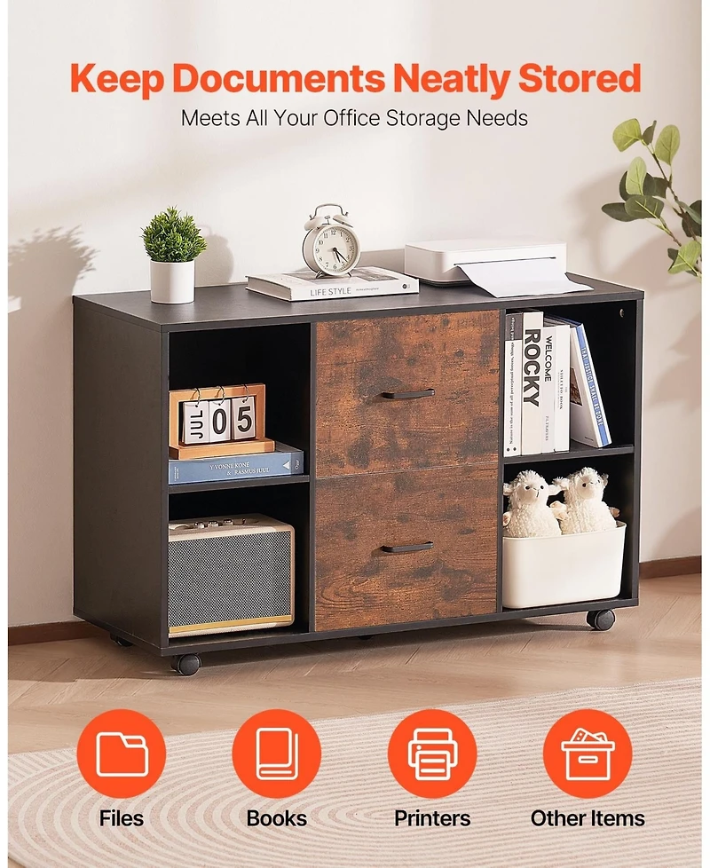 Gouun 2 Drawer Mobile File Cabinet with Open Shelves and Lockable Wheels