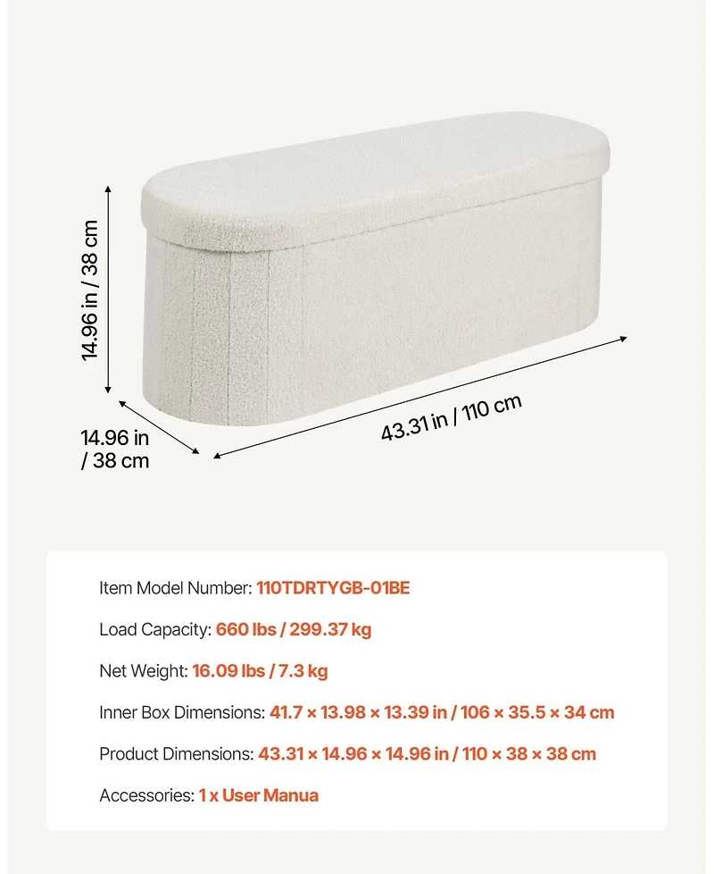Gouun Oval Teddy Fleece Storage Ottoman Bench with Foldable Hidden Storage