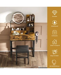 Rainsken Makeup Vanity Desk with Mirror and Led Lights, Dressing Table Set with Chair, Open Shelves, 2 Storage Drawer and Power Outlet for Bedroom