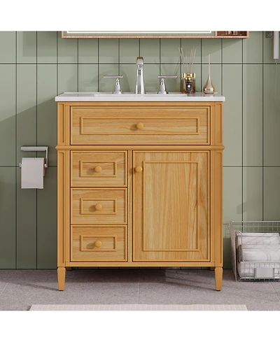 Busdays 30" Bathroom Vanity with Sink, Solid WoodandMDF, Flip-Out Drawer, 2 Soft-Close Drawers, 1 Soft-Close Door, Elegant Handles