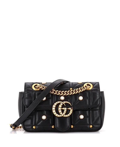 Pre-Owned Gucci Mini Pearly Gg Marmont Flap Bag Embellished Matelasse Leather