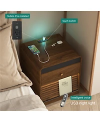 Rainsken Smart Nightstand with Charging Station and Led Light, Modern Bedside Table with Storage Drawers for Bedroom