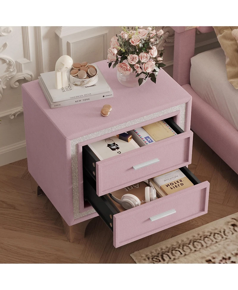 Rainsken 2 Drawers Nightstand with Silver Glitter Strip Decor and Metal Legs, Velvet Bedside Table End Table for Bedroom, Living Room