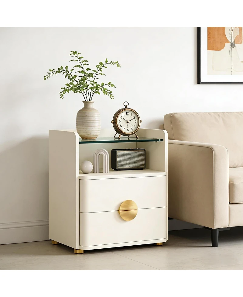 Rainsken 2-Drawer Nightstand, Modern Wood Bedside Table with Open Tempered Glasses Storage Space, End Table for Living Room and Bedroom