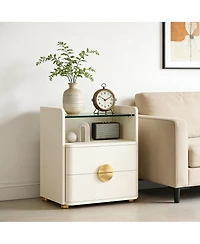 Rainsken 2-Drawer Nightstand, Modern Wood Bedside Table with Open Tempered Glasses Storage Space, End Table for Living Room and Bedroom