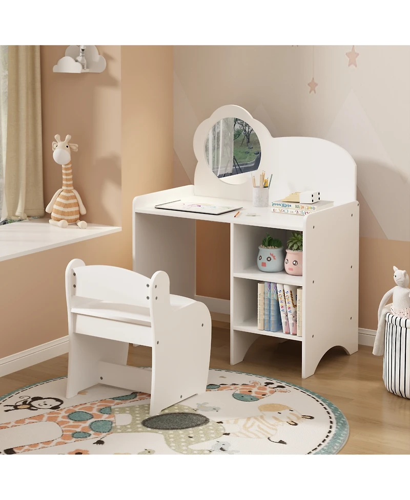 Rainsken Kids Vanity Desk Set with Mirror and Chair, Wooden Dressing Table with Storage Shelves, Study and Activity Table for Girls and Boys