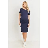 Hello Miz Maternity Casual Short Sleeve Crewneck Side Ruched T-Shirt Dress