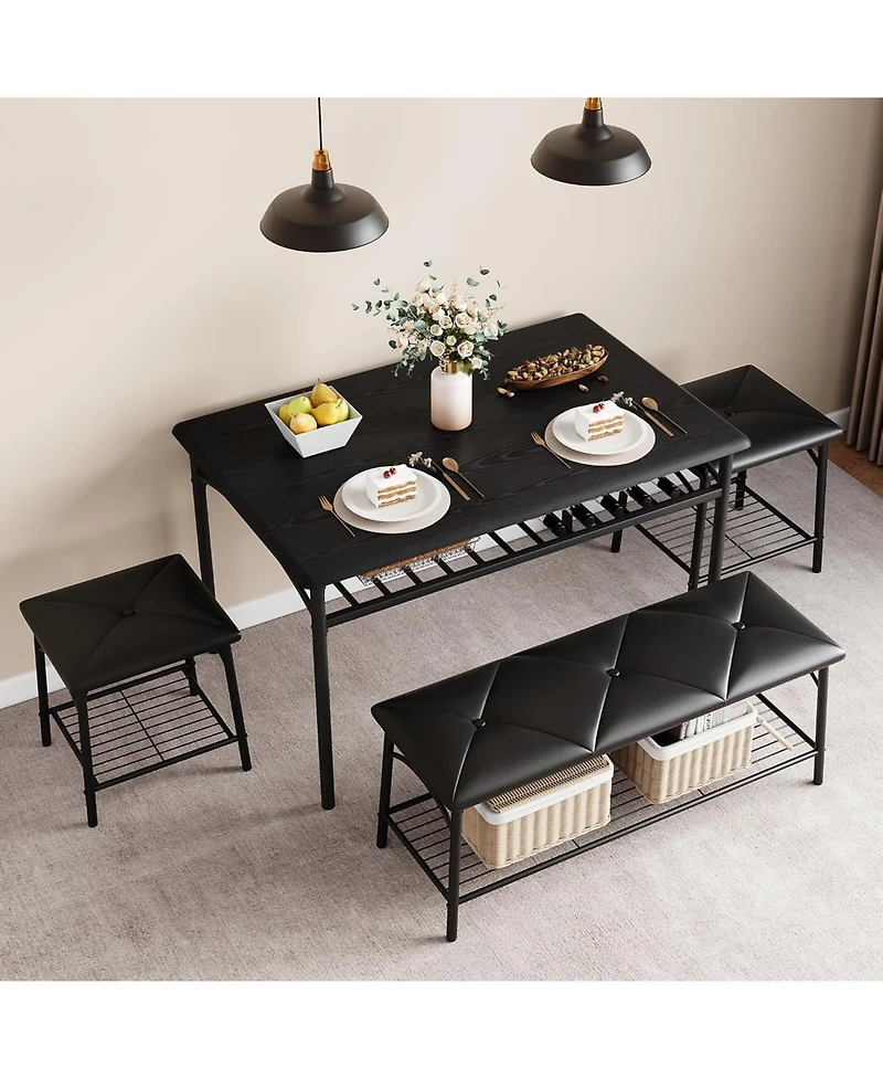 gaomon Dining Room Table Set for 4, Metal Frame Kitchen Table Set with Upholstered Bench and 2 Square Stools, 4 Piece Dinette Set with Storage Shelves