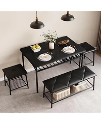gaomon Dining Room Table Set for 4, Metal Frame Kitchen Table Set with Upholstered Bench and 2 Square Stools, 4 Piece Dinette Set with Storage Shelves