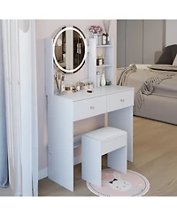 Rainsken 17" Round Led Mirror Vanity Desk Cushion Stool Suit, Dressing Table with 2 Drawers, 3 Open Shelves for Bedroom