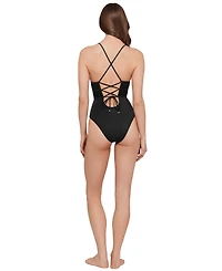 Steve Madden Women's Ruched Lace Back One-Piece Swimsuit
