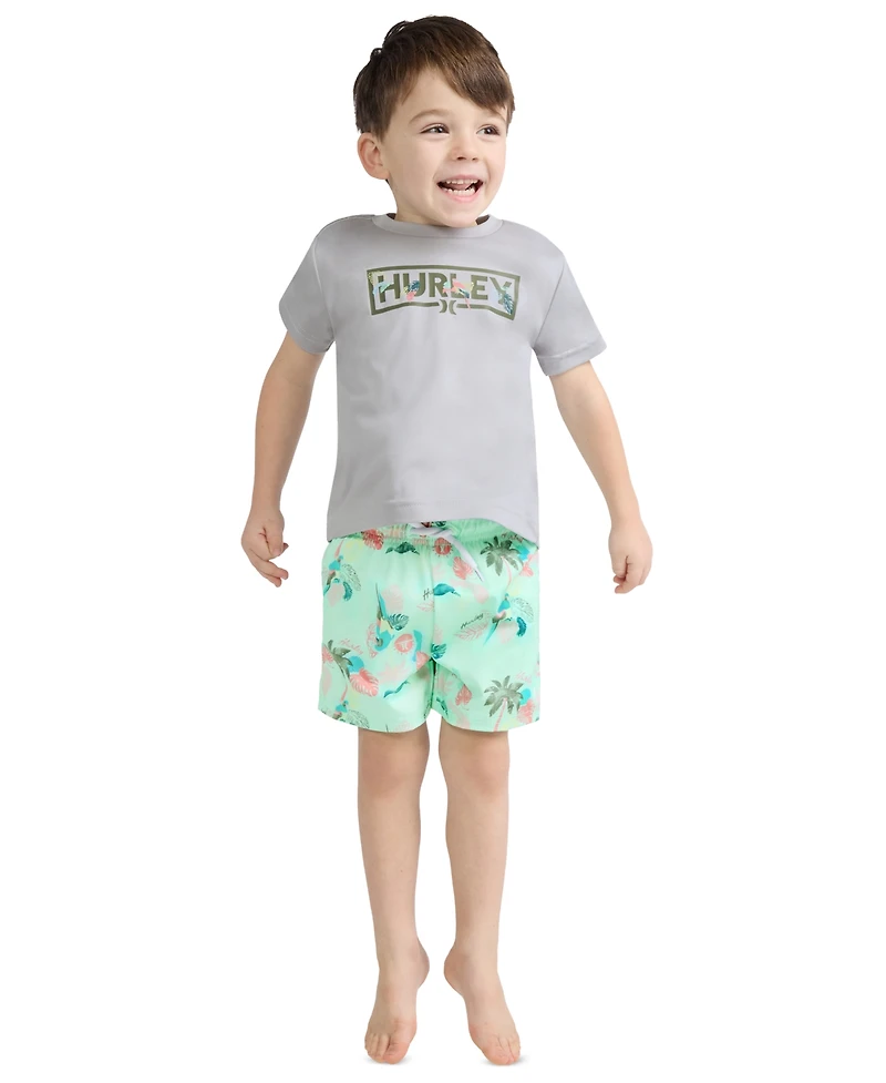 Hurley Boys' Toddler 2T-5T Parrot-Dise Swim T-Shirt and Shorts, 2-Piece Set