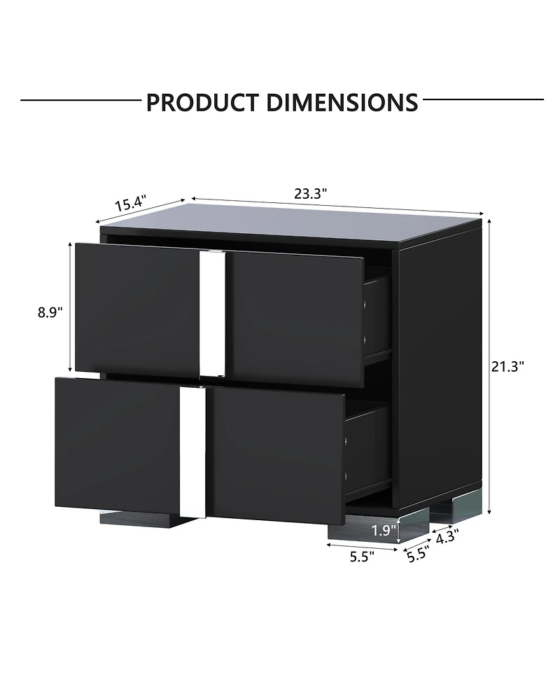 Rainsken Elegant Nightstand with Silver Mirrored Handle and 2 Drawers, Bedside Table, Sofa Side Table, End Table for Living Room, Bedroom