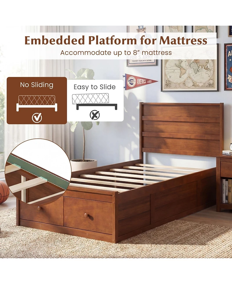 Gymax Twin Bed Frame w/Storage Drawers Headboard Wooden SlatandEnclosed Base