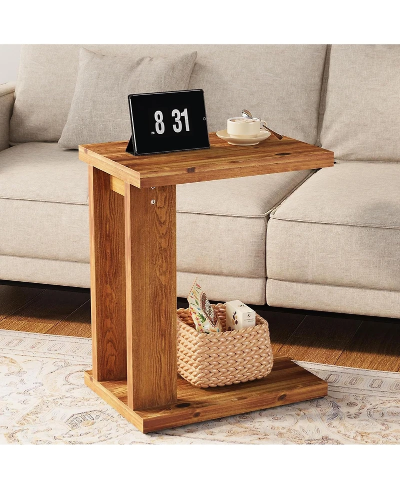 Rainsken Solid Wood C-Shaped Nightstand, Minimalist Bedside Table, 2-Tier End Table for Living Room, Bedroom
