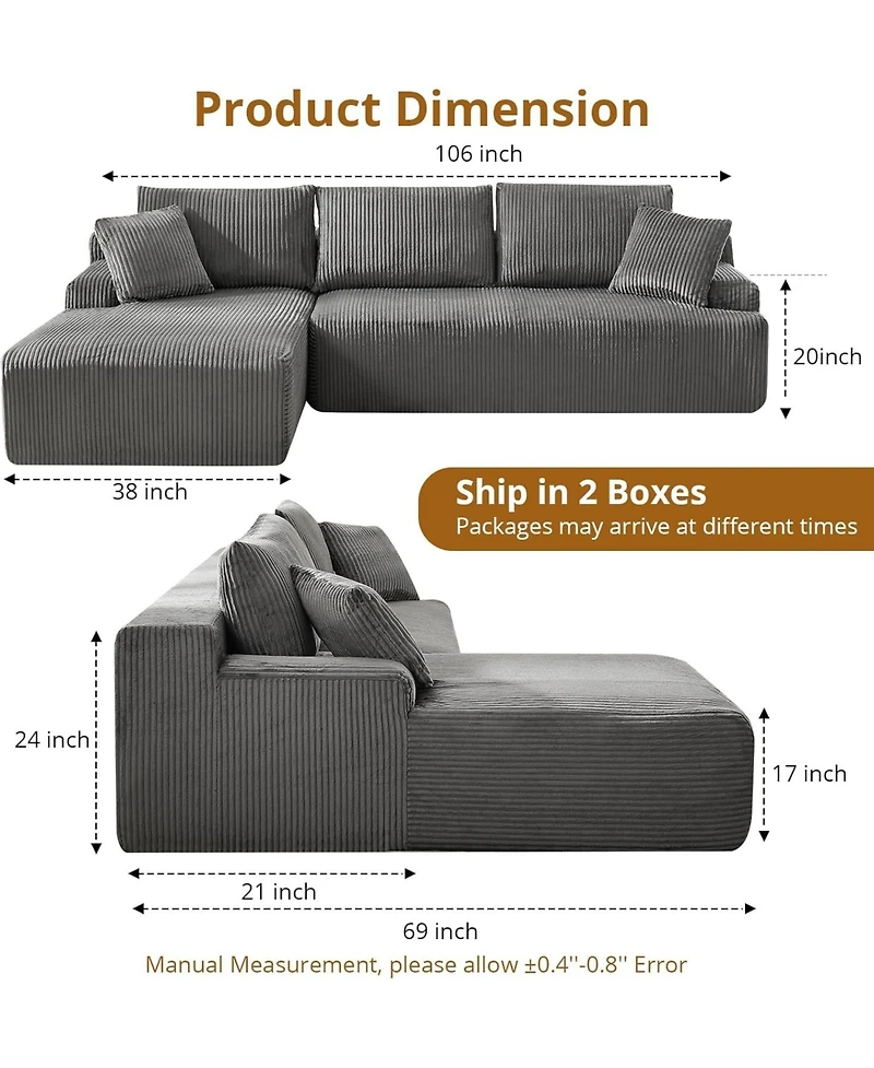 gaomon 106" Modular Sectional Sofa, Corduroy Cloud Couch with L-Shaped Chaise, No Assembly