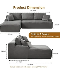 gaomon 106" Modular Sectional Sofa, Corduroy Cloud Couch with L-Shaped Chaise, No Assembly