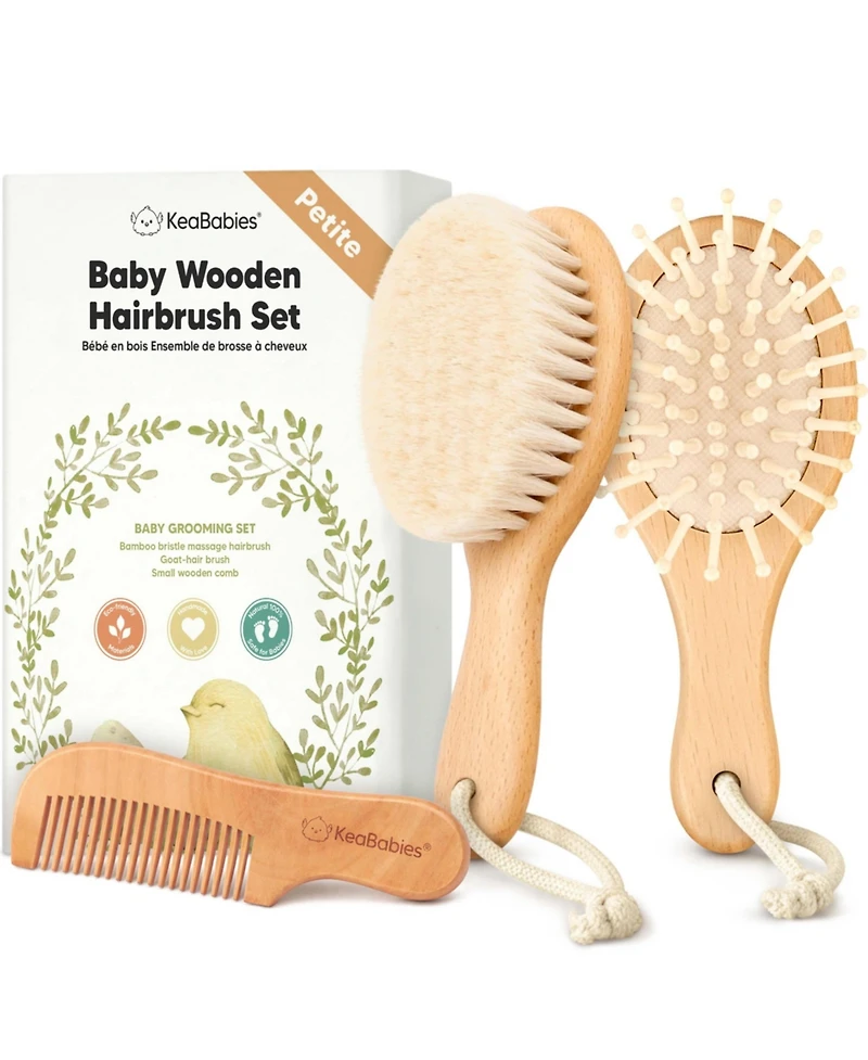 KeaBabies Baby Hair Brush and Comb Set Petite, Oval Wooden Baby Brush Set for Newborns, Infant, Toddler Grooming Kit