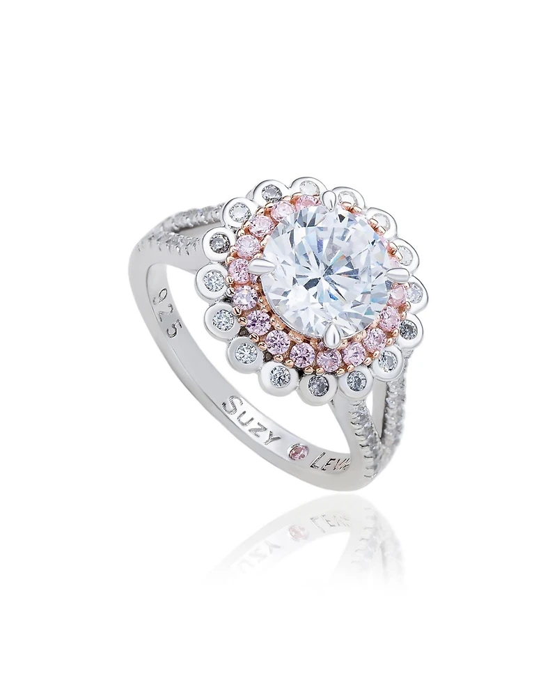 Suzy Levian New York Sterling Silver Cubic Zirconia Unique Double Halo Flower Proposal Ring